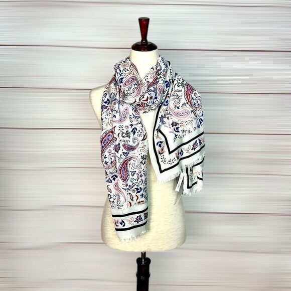 NWT Talbots Oblong Scarf Viscose Watercolor Paisley White Blue Red 27x72” - Picture 4 of 10